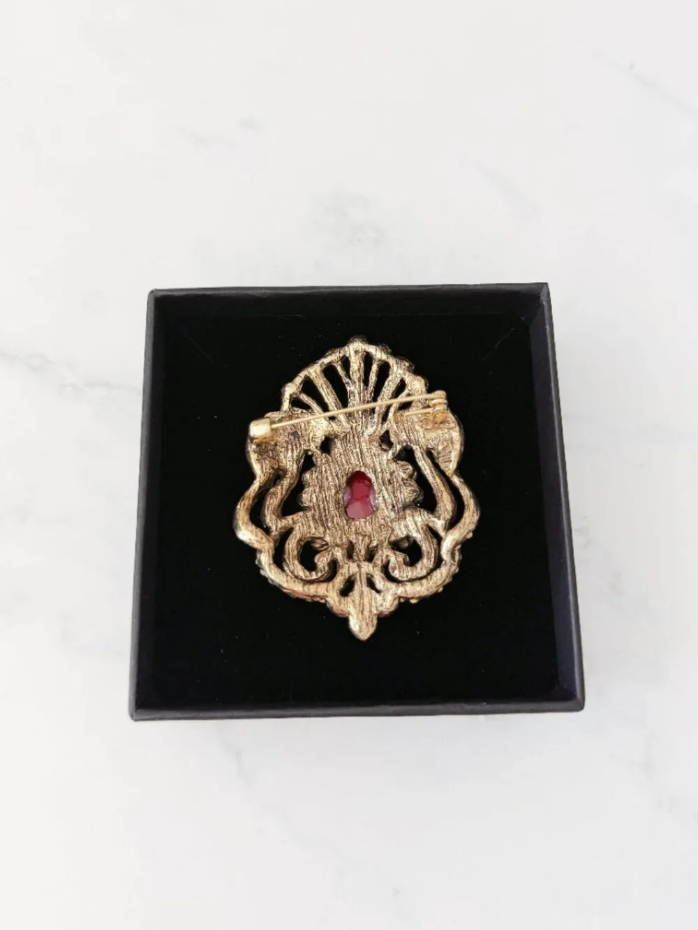 Vintage Style Red Teardrop Brooch Pin, Antique Gold Floral Statement Jewelry